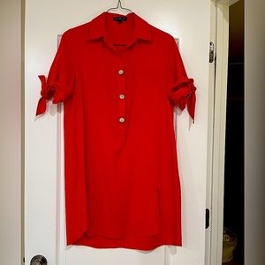 Adorable women’s red linen short dress. Tie sleeves, cute slit on thighs.
